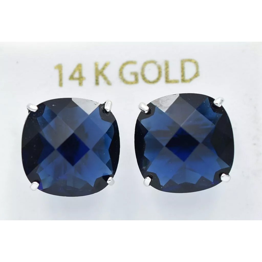 Checkerboard Blue Sapphire 12.40 Cts Stud Earrings 14k White Gold